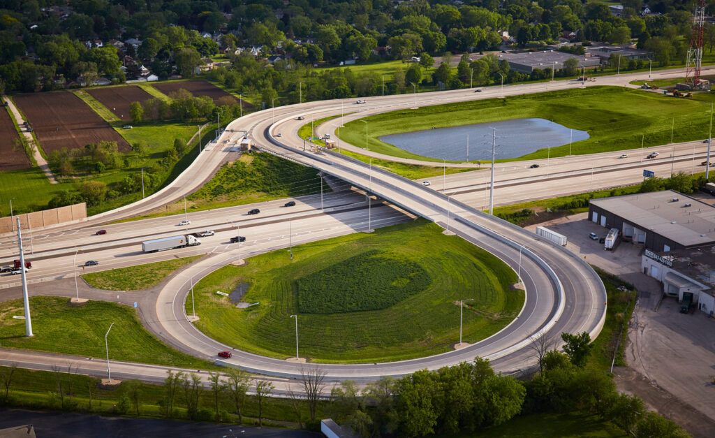 An aerial view of a highway.