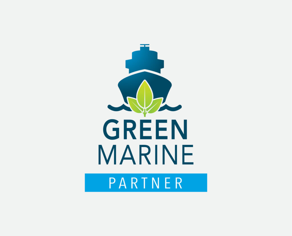 Logo of Green Marine Partner featuring a blue ship with a green leaf, symbolizing eco-friendly maritime operations.