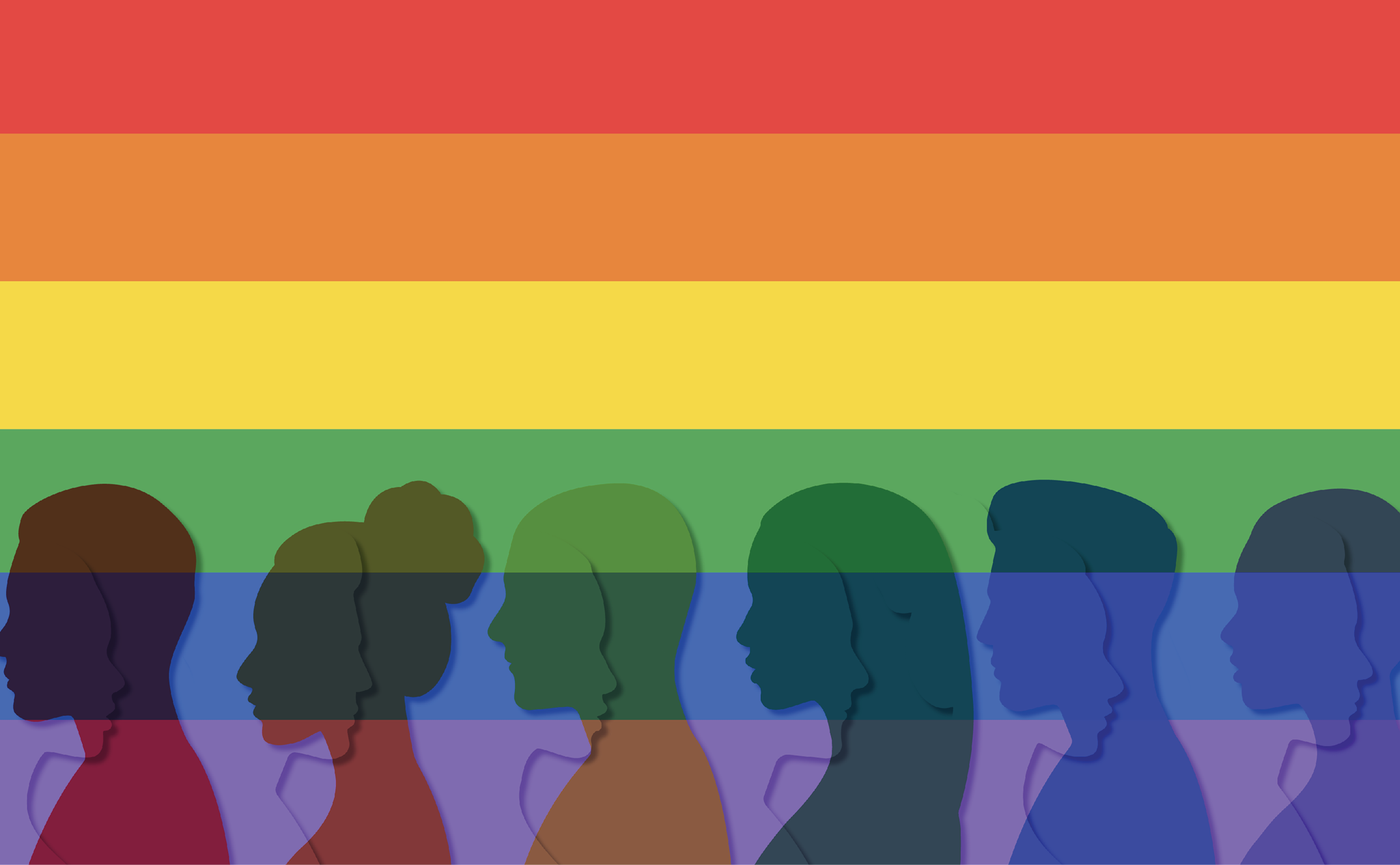 Silhouettes de divers visages de profil superposés sur un fond à rayures arc-en-ciel représentant le drapeau de la fierté LGBTQ+.