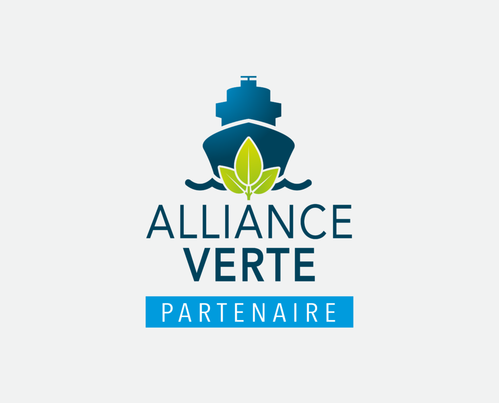 Logo de l'Alliance Verte Partenaire représentant un navire aux feuilles vertes, texte "ALLIANCE VERTE" et "PARTENAIRE" sur fond bleu.