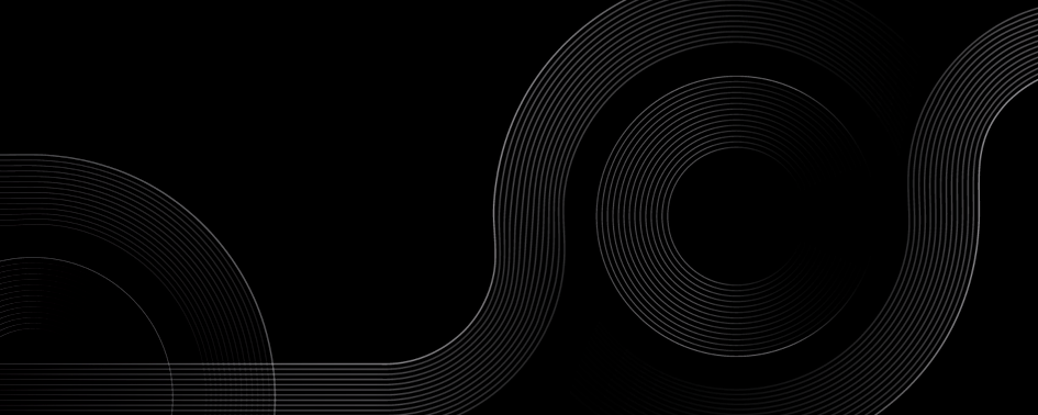 Abstract black background with thin, white concentric and curved lines forming geometric patterns.