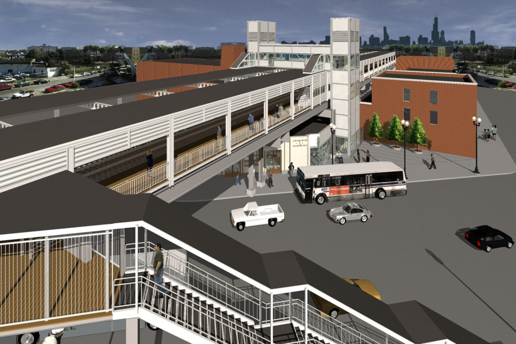 A bird’s-eye view of a transit station with a pedestrian bridge, a bus stop, and a train platform. Several people can be seen walking, and vehicles are parked nearby. The skyline is visible in the background.