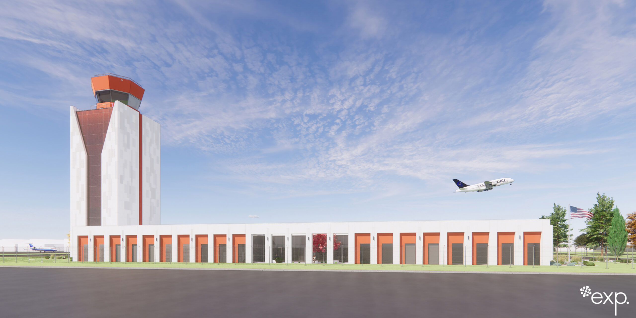 A modern airport control tower with a long building in front and a plane taking off in the background under a clear sky.