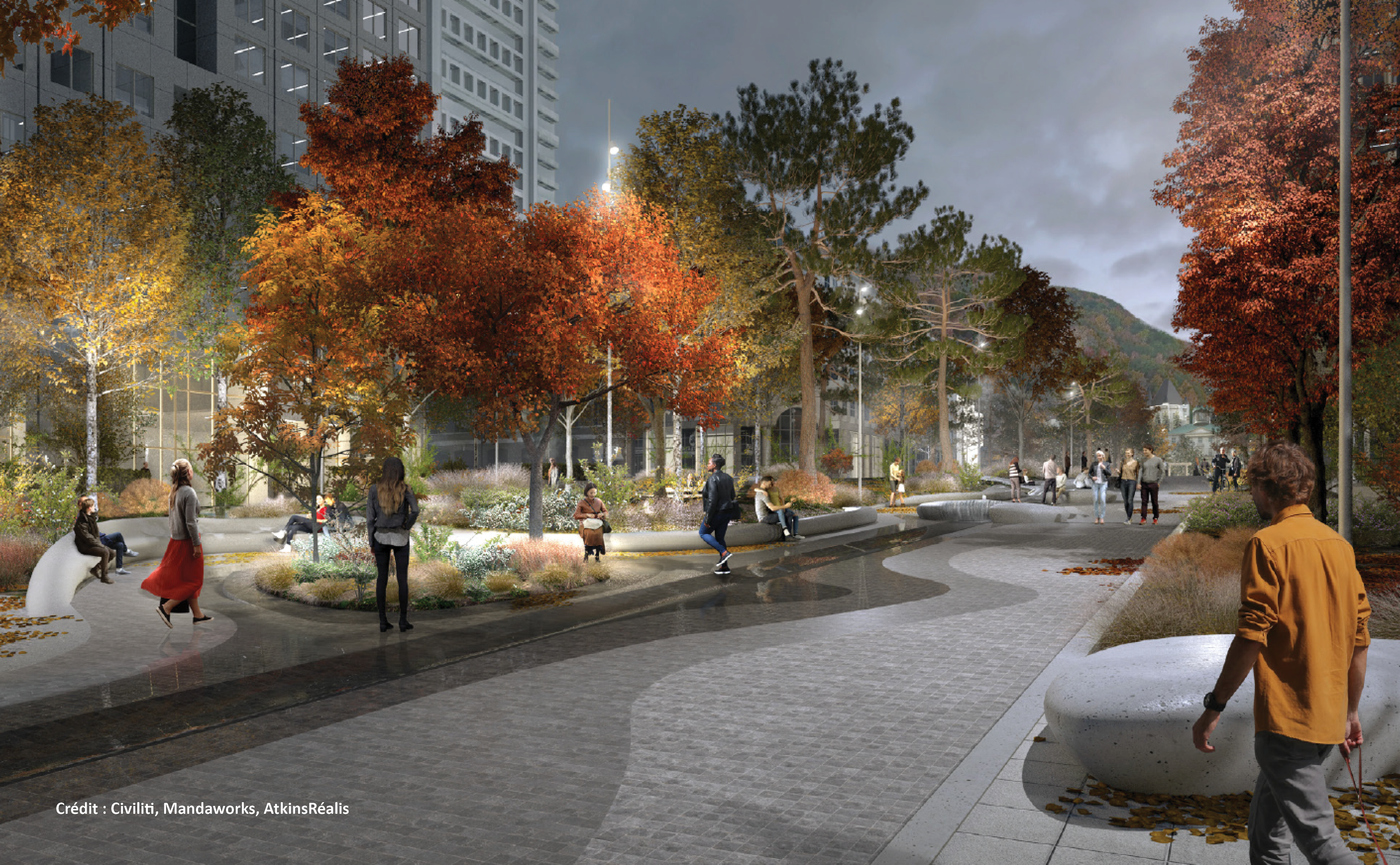 People walk and relax in an urban park with autumn foliage, surrounded by modern buildings and a winding path.