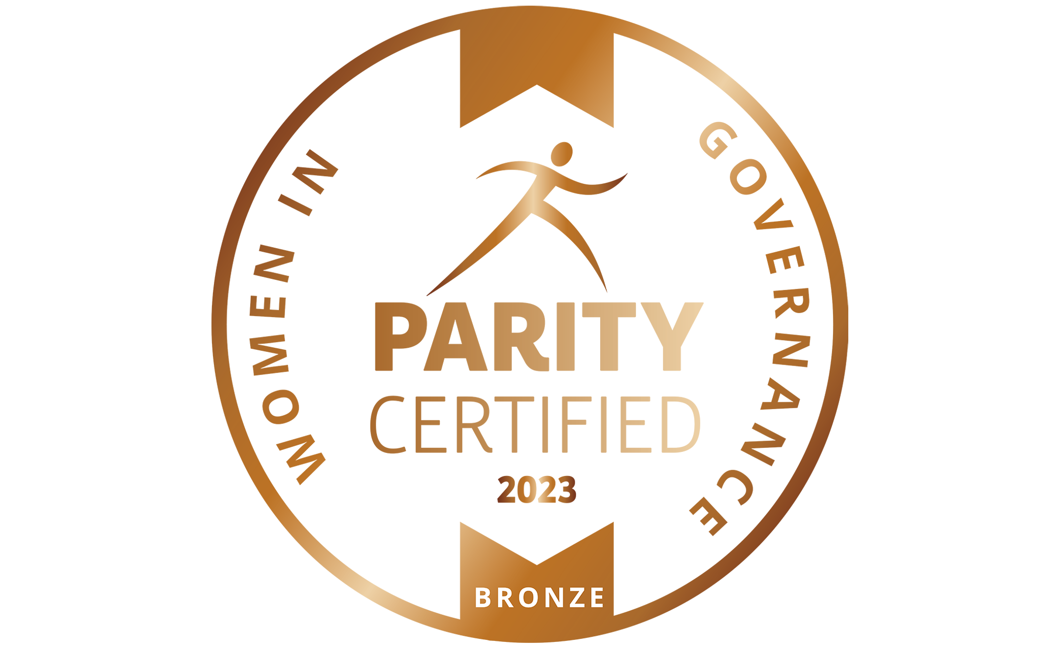 Bronze "Parity Certified" 2023 badge for Women in Governance, featuring a stylized figure in the center.