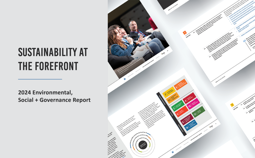 Pages from a sustainability and governance report are displayed, highlighting various charts and a group discussion. The title reads "Sustainability at the Forefront.