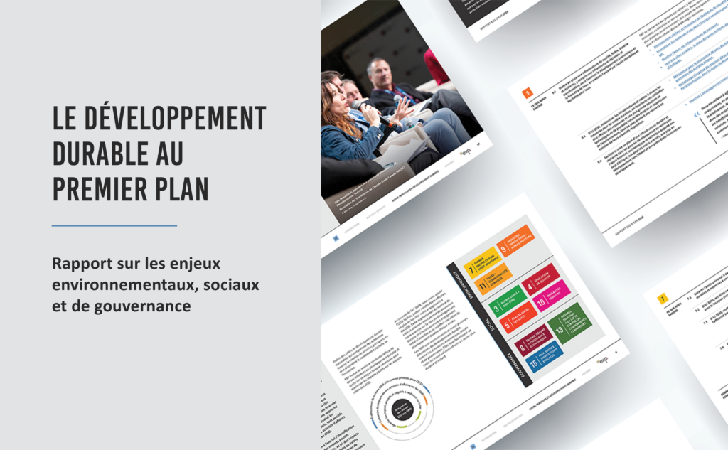 Brochure présentant un rapport sur le développement durable, avec des pages présentant des graphiques et une photo de discussion de groupe. Texte : « Le développement durable au premier plan » sur la couverture.