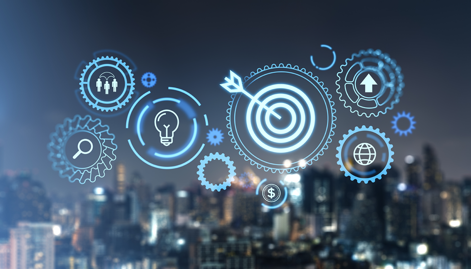 Icons of a target, light bulb, magnifying glass, people, and gears overlay a blurred cityscape at night, representing concepts of strategy, innovation, and networking.