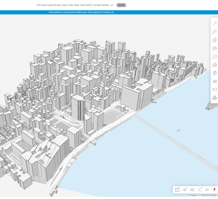 3D model of a cityscape with numerous buildings along a waterfront, displayed on a digital platform interface with navigation tools visible on the side.