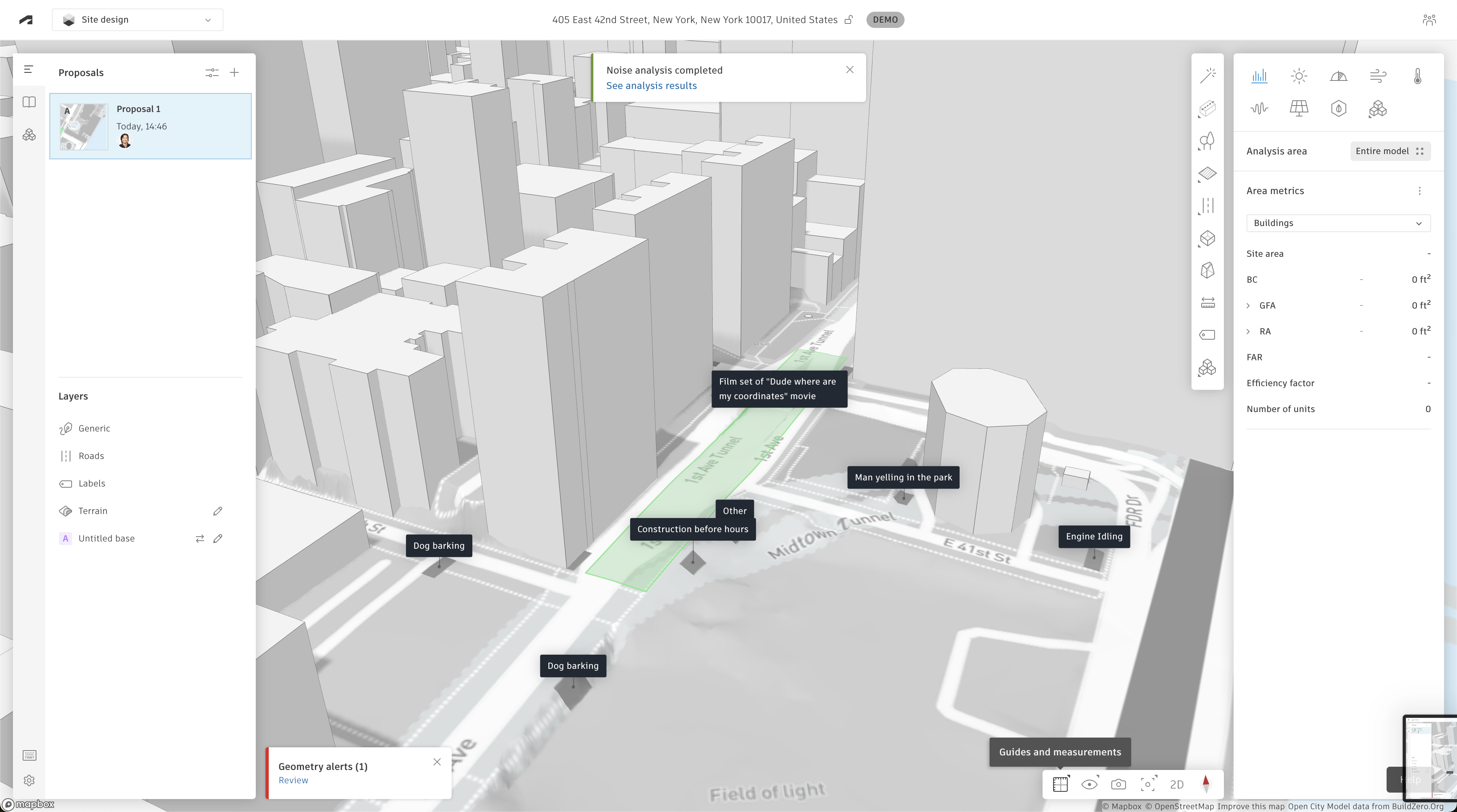 3D map of an urban area showing buildings and roads. Labels indicate road completion, sidewalk alignment, and stop backing spacing. Analysis metrics and tools are visible on the right panel.