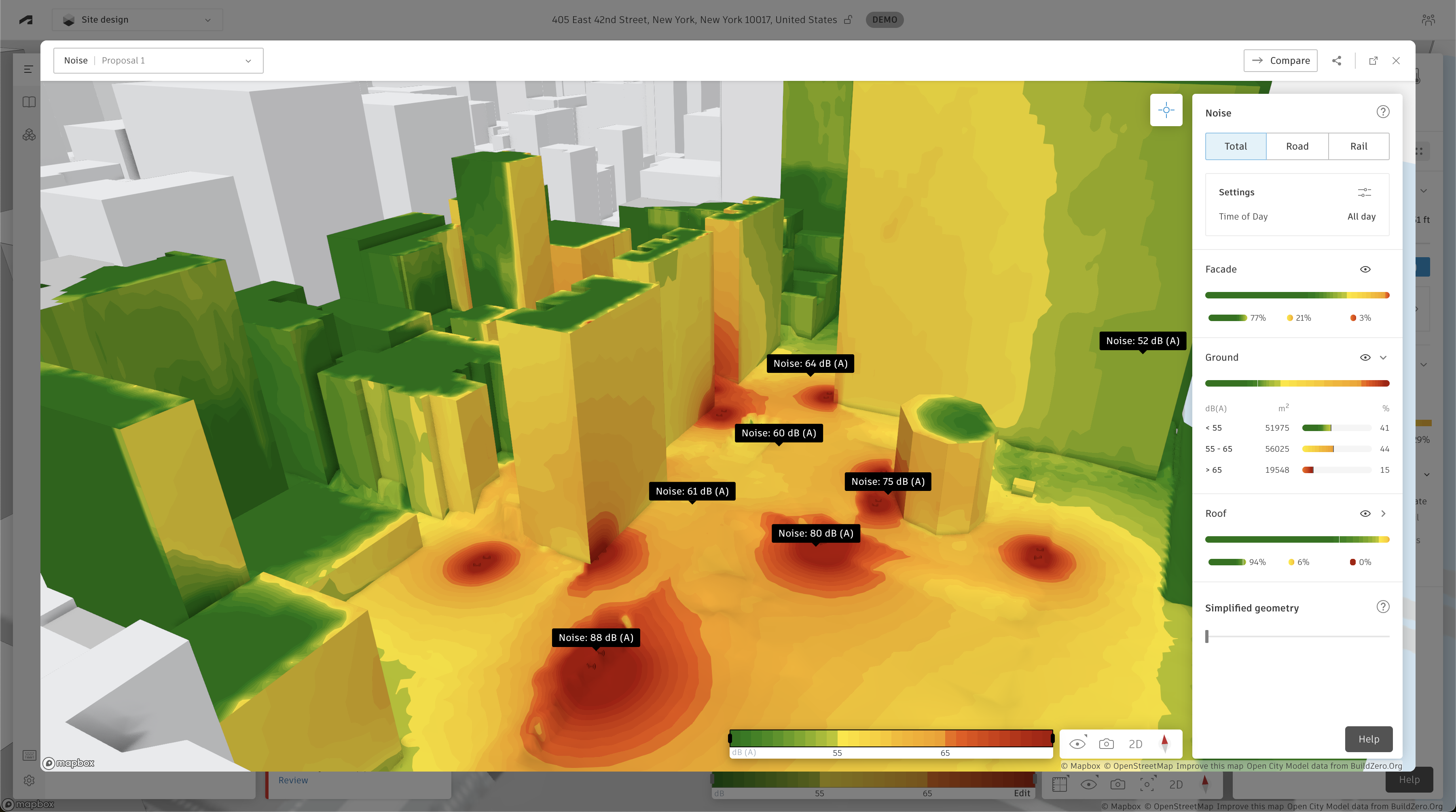 3D noise map of a cityscape showing varying noise levels in decibels with color coding: red for high levels, yellow for moderate, and green for low, alongside building structures.