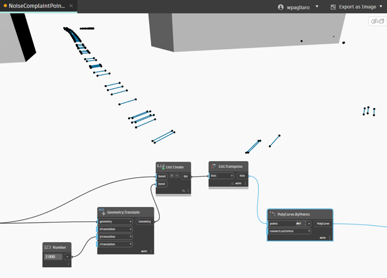 Screenshot of a node-based programming interface showing various nodes connected by lines, including "Text Create," "List Transpose," and "PolyCurve.Points" with geometric outputs.