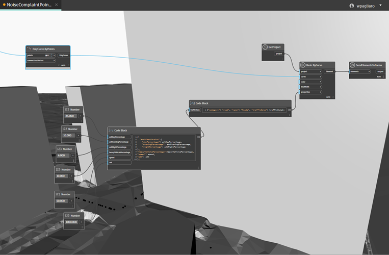 A digital workflow diagram with interconnected nodes and code blocks on a gray geometric background.