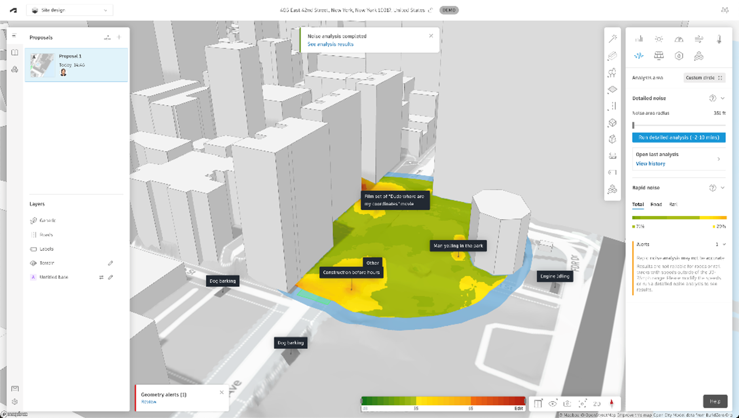 3D building model overlayed with a color-coded sound analysis map showing noise levels.